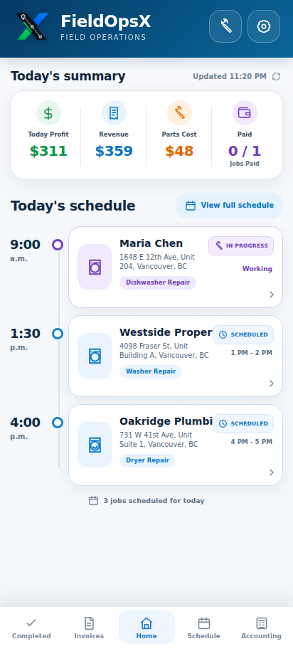FieldOpsX Android home screen showing today's summary and schedule